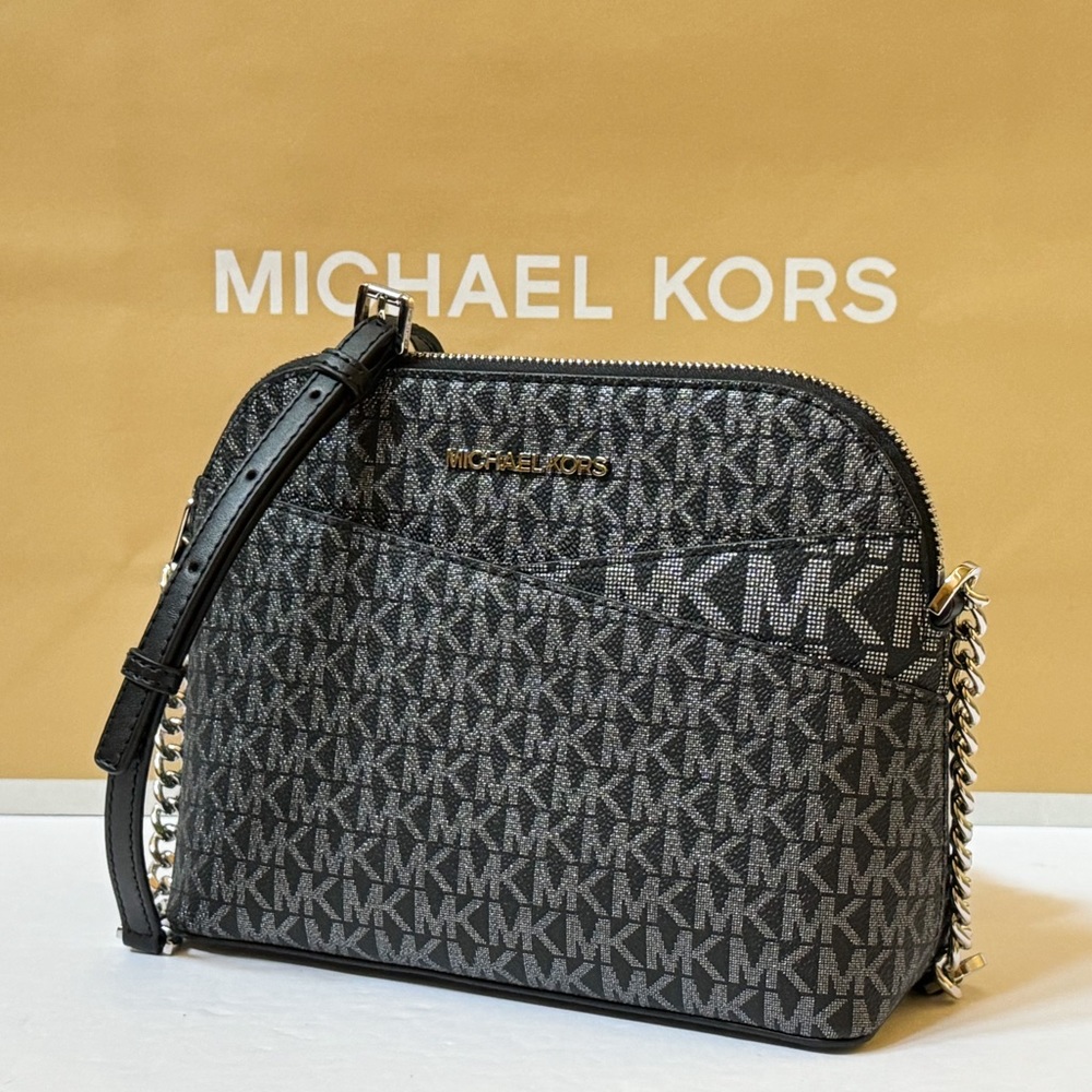 Michael Kors Jet Set Travel Medium Dome Crossbody Bag MK Silver/Black - Picture 4 of 7